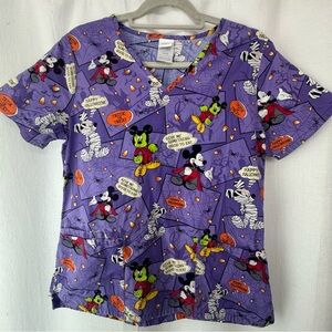 Disney Halloween Purple Cartoon Print Scrub Top